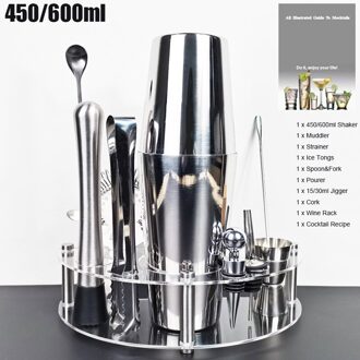 450/550/600/750Ml 1-12 Stuks Rvs Cocktail Shaker Bar Kit Martini Shakers met Stand + Drink Recept 12stk 450600ml T Rack