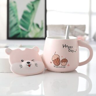 450Ml Cartoon Hamster Keramische Mok Glas Creatieve Schattige Paar Cup Koffie Melk Cup Kantoor Beker Met Deksel Lepel Meisje