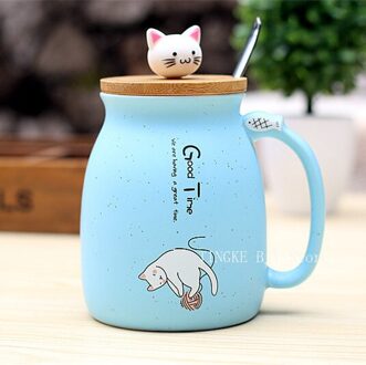 450Ml Cartoon Keramische Leuke Kat Cup Met Deksel En Lepel Kopje Koffie Thuis Melk Thee Cup Ontbijt Cup Drink novelty Blauw