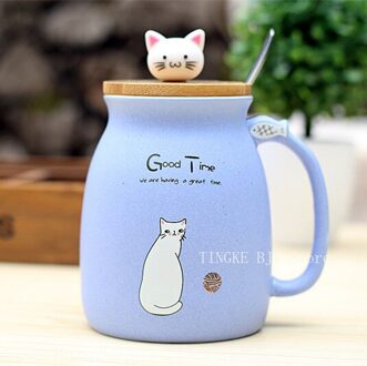 450Ml Cartoon Keramische Leuke Kat Cup Met Deksel En Lepel Kopje Koffie Thuis Melk Thee Cup Ontbijt Cup Drink novelty Paars