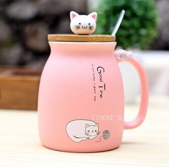 450Ml Cartoon Keramische Leuke Kat Cup Met Deksel En Lepel Kopje Koffie Thuis Melk Thee Cup Ontbijt Cup Drink novelty Roze