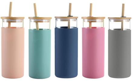 450Ml Hoge Borosilicaatglas Water Fles Bamboe Deksel Siliconen Cover Stro Water Cup Europese En Amerikaanse Ins Wind Glas stro