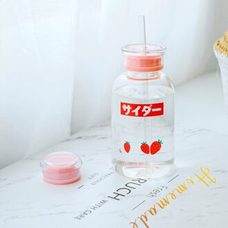450Ml Leuke Transparante Glazen Watermeloen Water Cup Met Stro Milieubescherming Glas Water Cup Paar Fles Water aardbei