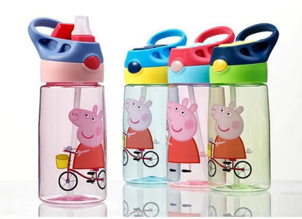 450ML Peppa Pig Cartoon Portable Water Drink Straw Water Bottle Sippy Cup with Lanyard Children Water Bottles Learning Drinking