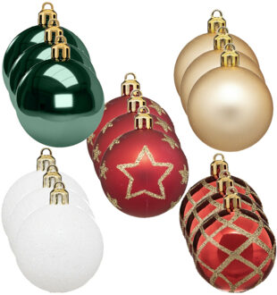 45x stuks kerstballen mix wit/rood/groen/champagne gedecoreerd kunststof 5 cm