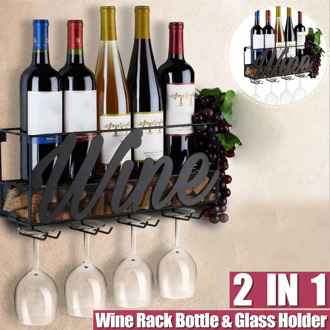 45x13x22cm Wall Mounted Wine Rack Bottle Store Champagne Shelf With 4 Built-in Wine Glass Holders And Extra Cork Tray