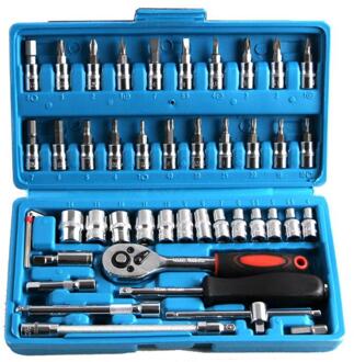 46pcs 1/4 "Auto Motor Reparatie Tool Ratelsleutel Set Drive Socket Spanner Kit Batch Hoofd Schroevendraaier Socket Set Diy toos 46stk