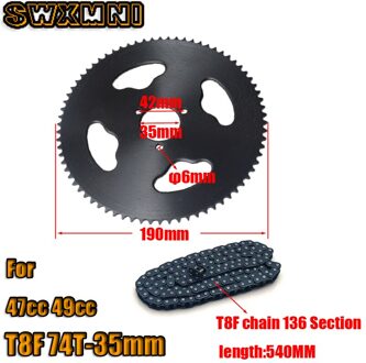 47cc 49cc T8F Chain 136 Links En 38 54 74 Tanden Keten Plaat Tandwiel Voor Mini Moto Atv quad 2 Takt Motor Onderdelen T8F 74T-35mm reeks