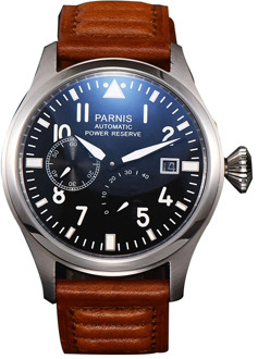 47mm Automatic Men Watch Merchanical Power Reserve Big Pilot Man Luxury Leather Strap Calendar Auto Date Crystal Parnis Brand