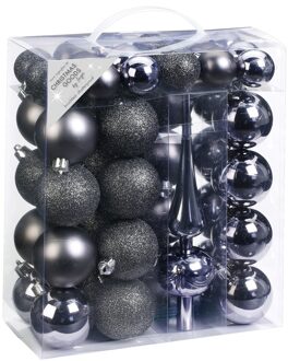 47x Antraciet/grijs tinten kunststof kerstballen 4-6 cm met piek
