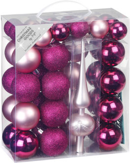 47x stuks kunststof kerstballen fuchsia roze en lichtroze 4-6 cm mat/glans met piek - Kerstbal