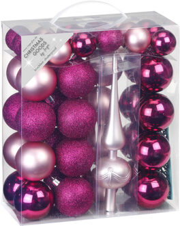 47x stuks kunststof kerstballen fuchsia roze en lichtroze 4-6 cm mat/glans met piek