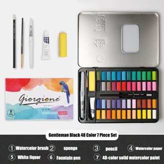 48 Kleuren Solid Aquarel Verf Set Met Water Borstel Pen Reizen Water Kleur Pigment Voor Schilderen Gentleman zwart