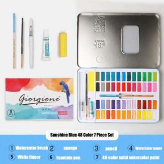 48 Kleuren Solid Aquarel Verf Set Met Water Borstel Pen Reizen Water Kleur Pigment Voor Schilderen Sunny blauw