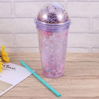 480Ml Double Wall Cup Met Stro Draagbare Reizen Mok Voor Fruit Koud Drankje (Sakura) paars