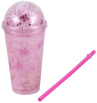 480Ml Double Wall Cup Met Stro Draagbare Reizen Mok Voor Fruit Koud Drankje (Sakura) roze