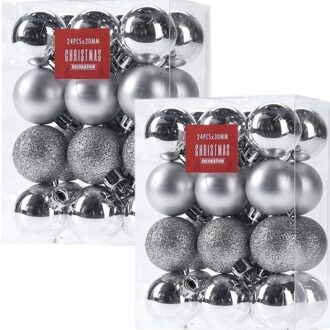 48x Glans/mat/glitter kerstballen zilver 3 cm kunststof kerstboom versiering/decoratie - Kerstbal Zilverkleurig