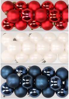 48x stuks kunststof kerstballen mix van rood, wit en donkerblauw 4 cm - Kerstbal Multikleur