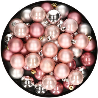 48x Stuks kunststof kerstballen mix zilver/lichtroze/oud roze 4 cm