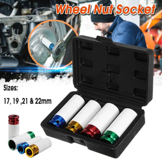 4Pcs 1/2" DR Tire Protection Sleeve Wall Deep Impact Nut Socket Alloy Wheel 17mm 19mm 21mm 22mm Deep Impact Nut Socket Set