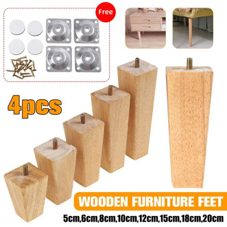 4Pcs 50mm-200mm Solid Wood Sofa Legs Straight Square Solid Oak Feet with Metal Plates Bed Cabinet Furniture Level Feet Replace