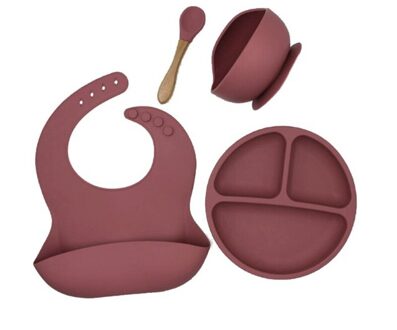 4Pcs Bpa Gratis Baby Siliconen Servies Waterdichte Bib Kom En Lepel Bruin