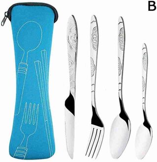4Pcs Campers Messen Vork De Lepel Familie Reizen Camping Bestek Stalen Roestvrij Eyeful Set Bestek Vier-Delige B1F5 4stk-blauw