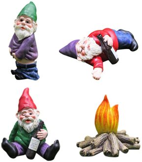 4Pcs Fairy Tuin Dronken Gnomes Miniatuur Ornamenten Set Mini Dwerg Bonfire Standbeelden Voor Planter Bloempot Decor Accessoires 4stk