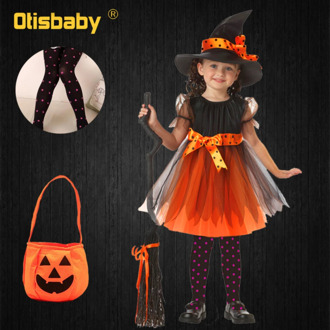 4Pcs Girls Witch Dress Candy Bag Leggings Hat Clothing Set Halloween Witch Costume Kids Carnival Girls Witch Cosplay Costume