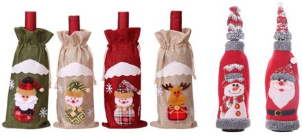 4Pcs Kerstman Kerst Wijnfles Cover & 2Pcs Wijnfles Cover Etentje Tafel Decors Kerstman sneeuwpop