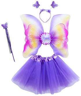 4Pcs Meisjes Fee Kostuum Set Regenboog Vlinder Drie Lagen Tule Tutu Rok Wand Hoofdband Prinses Halloween Party 3-8T 5