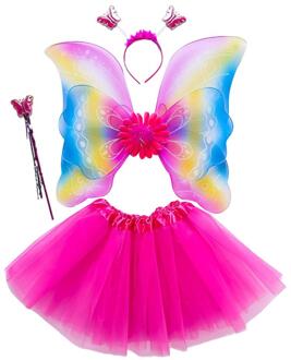 4Pcs Meisjes Fee Kostuum Set Regenboog Vlinder Drie Lagen Tule Tutu Rok Wand Hoofdband Prinses Halloween Party 3-8T 6