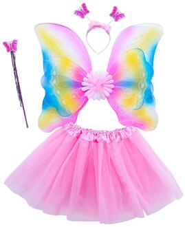 4Pcs Meisjes Fee Kostuum Set Regenboog Vlinder Drie Lagen Tule Tutu Rok Wand Hoofdband Prinses Halloween Party 3-8T