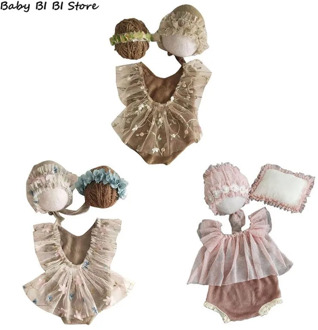 4Pcs Newborn Photography Props Suit Lace Romper Hat Pillow Headband Set Outfits