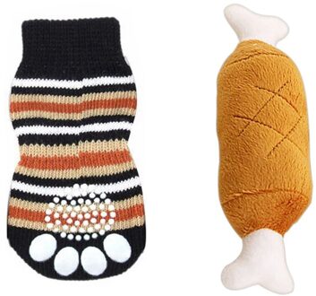 4Pcs Pet Dog Puppy Kat Anti-Slip Gebreide Katoen Weave Sok Xl Koffie & 1x Huisdier Pluche Kip been Klinkende Speelgoed Hond Kat Pluche