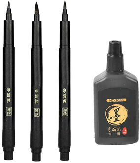 4Pcs Portable Pens 3 Different Nib Felt Tip Brush Refillable Ink Pen for Writing Calligraphy Exercises Signature Black