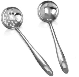 4Pcs Praktische Pot Lepel Roestvrijstalen Vergiet Soep Lepel Lange Steel Scoop Voor Thuis Restaurant (2 Stuks vergiet + 2Pcs Sou