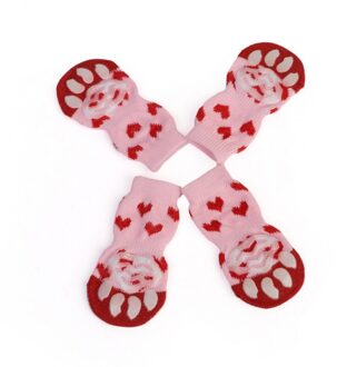 4Pcs Puppy Hond Schoenen Leuke Cartoon Antislip Knit Huisdier Sokken Zachte Warme Hond Laarzen Hond Kat Winter kleding roze / S