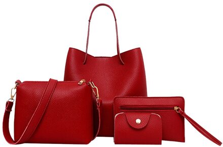 4Pcs Tas Dames Lederen Schoudertas Riem Rits Handtassen Grote Tassen Voor Vrouwen Elegante Dames Handtassen Set 4 stuks Handig Rood