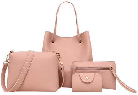 4Pcs Tas Dames Lederen Schoudertas Riem Rits Handtassen Grote Tassen Voor Vrouwen Elegante Dames Handtassen Set 4 stuks Handig Roze