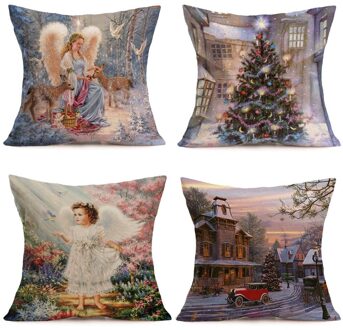 4Pcs Vrolijk Kerstfeest Linnen Kussenslopen Sofa Kussenhoes Halloween Decoratieve 18X18 Inch Home Decoratie Kussen # F
