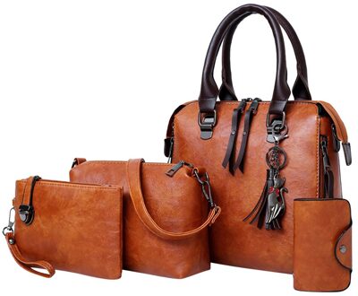 4Pcs Vrouwen Tas Vintage Set Zakken Patroon Solid Handtas + Crossbody Tas + Messenger Bag + Card Pakket Vrouwen messenger Sac Femme Bruin