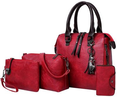 4Pcs Vrouwen Tas Vintage Set Zakken Patroon Solid Handtas + Crossbody Tas + Messenger Bag + Card Pakket Vrouwen messenger Sac Femme Rood