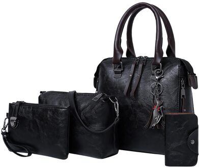 4Pcs Vrouwen Tas Vintage Set Zakken Patroon Solid Handtas + Crossbody Tas + Messenger Bag + Card Pakket Vrouwen messenger Sac Femme zwart
