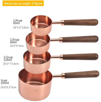 4pcs Walnut Wooden Handle Stainless Steel Measuring Cups Spoons Plated Copper Rose Gold Kitchen Baking Measuring Spoon Set