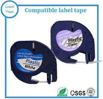4PK Dymo LT Plastic label tape 91201 12267 Zwart op wit/Zwart op Helder voor DYMO LetraTag label printer 1/2 "W X 13' L