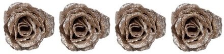 4x Champagne roos met glitters op clip 7 cm - kerstversiering