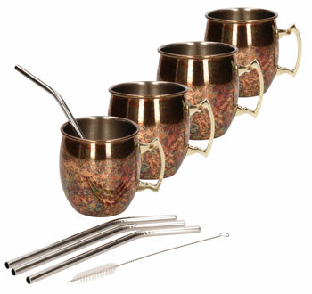 4x Cocktailbeker/cocktailglas Moscow Mule Set Met Rietjes 450 Ml Antiek Koper - Cocktailglazen Koperkleurig