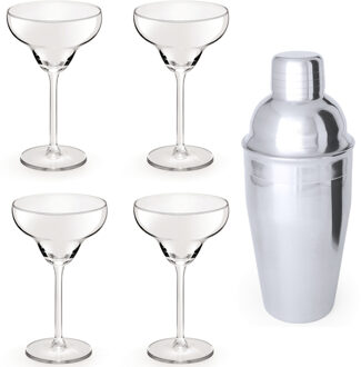 4x Cocktailglazen / Margarita glazen transparant 300 ml + Cocktailshaker semi-matte 550 ml RVS