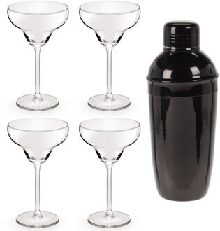 4x Cocktailglazen / Margarita glazen transparant 300 ml + Cocktailshaker zwart 500 ml RVS - Cocktailglazen